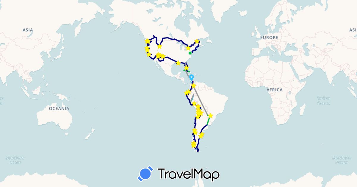 TravelMap itinerary: driving, bus, plane, cycling, train, hiking, boat in Argentina, Bolivia, Canada, Chile, Colombia, Cuba, Ecuador, Peru, Paraguay, United States (North America, South America)